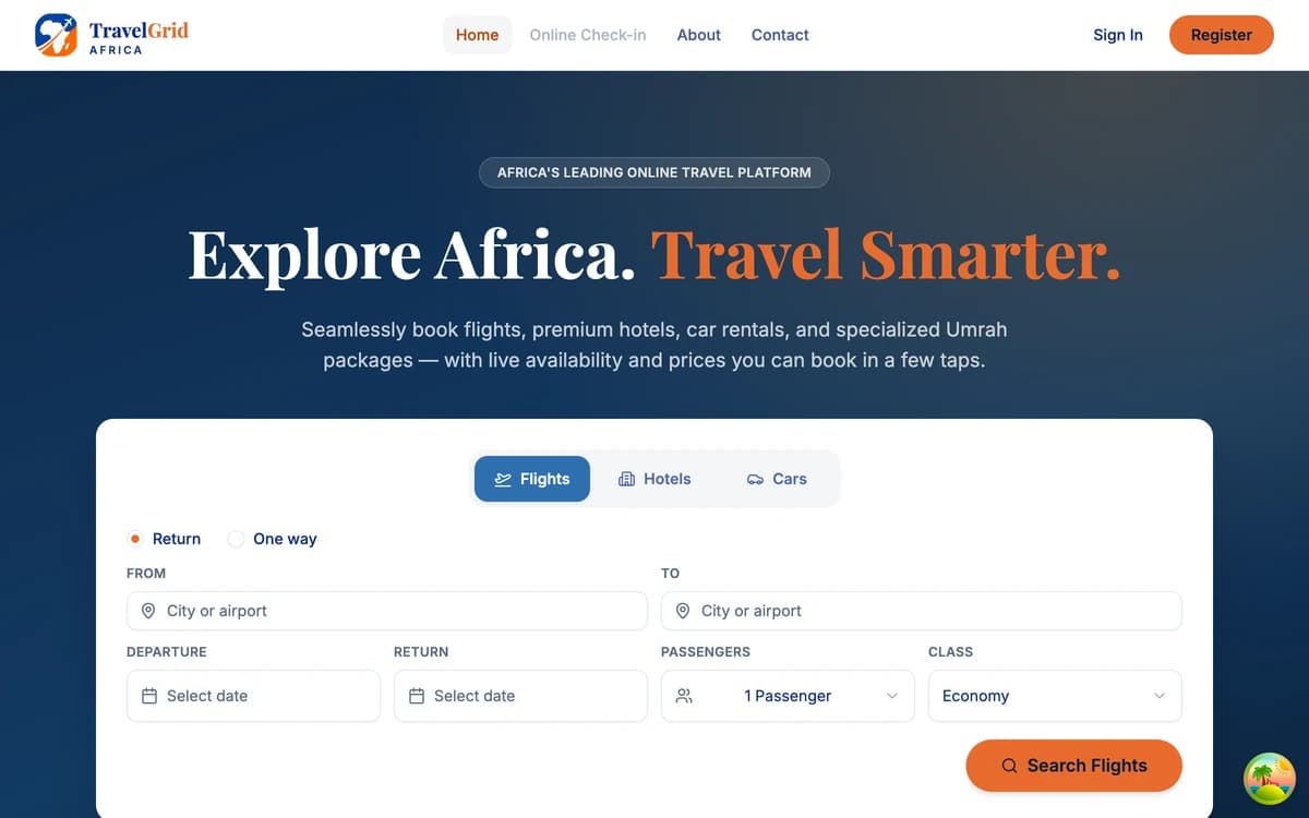 The TravelGrid Africa home page: a dark blue hero reading Explore Africa, Travel Smarter, above a white search panel with tabs for flights, hotels and cars and fields for origin, destination, dates, passengers and cabin class.